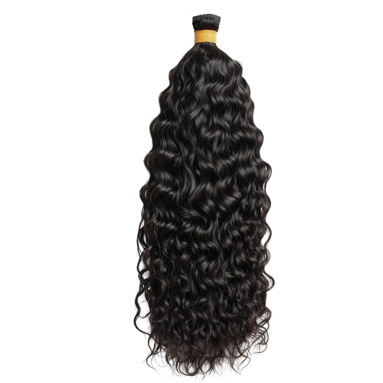 Bulk virgin raw Indian Temple unprocessed human hair extensions bundles, natural loose curly texture, perfect for boho braids, goddess braids, or braiding, available in 18”, 20”, 22”, 26”, 28”, and 30” inches, offering a soft, voluminous, and natural look, Remy or Remi hair. Raw Indian Curly Hair. Deep Curly Braiding Hair. Deep wavy braiding hair